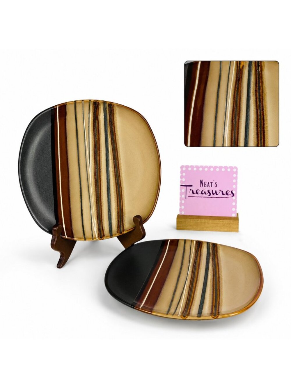 Home Trends BAZAAR BROWN Stoneware Square Stripe Coupe Lunch Salad Plate Set 2